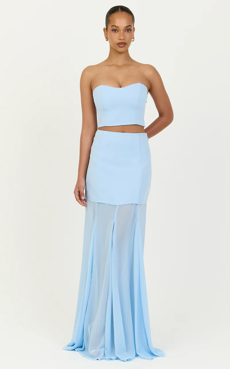 Elara Two Piece Top and Skirt Set - Strapless Shirred Back Top And Contrast Sheer Godet Skirt Set in Blue