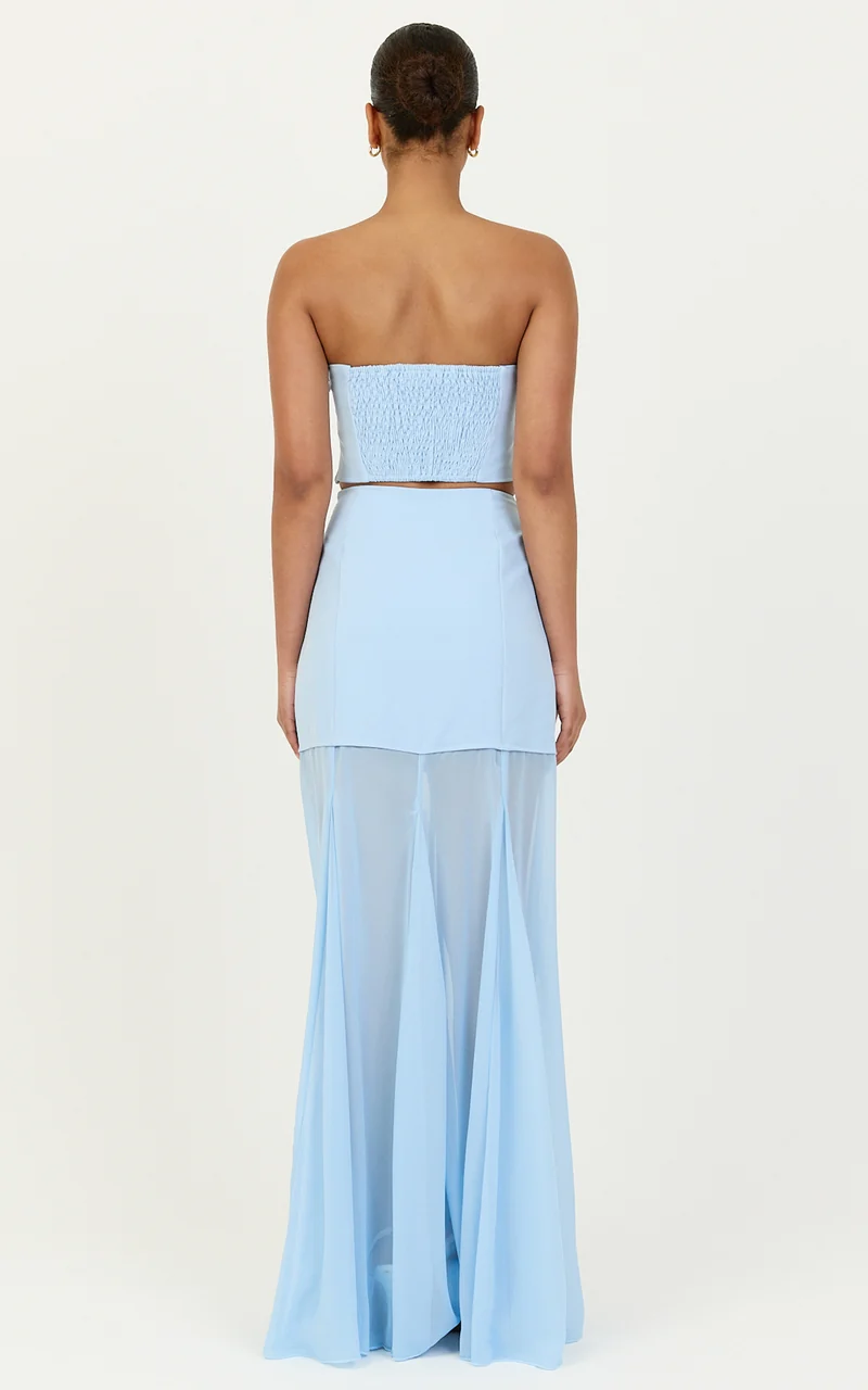 Elara Two Piece Top and Skirt Set - Strapless Shirred Back Top And Contrast Sheer Godet Skirt Set in Blue