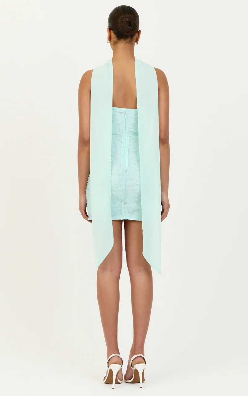 Oona Mini Dress - Strapless Floral Embroidered Dress With Draped Neck Scarf in Mint