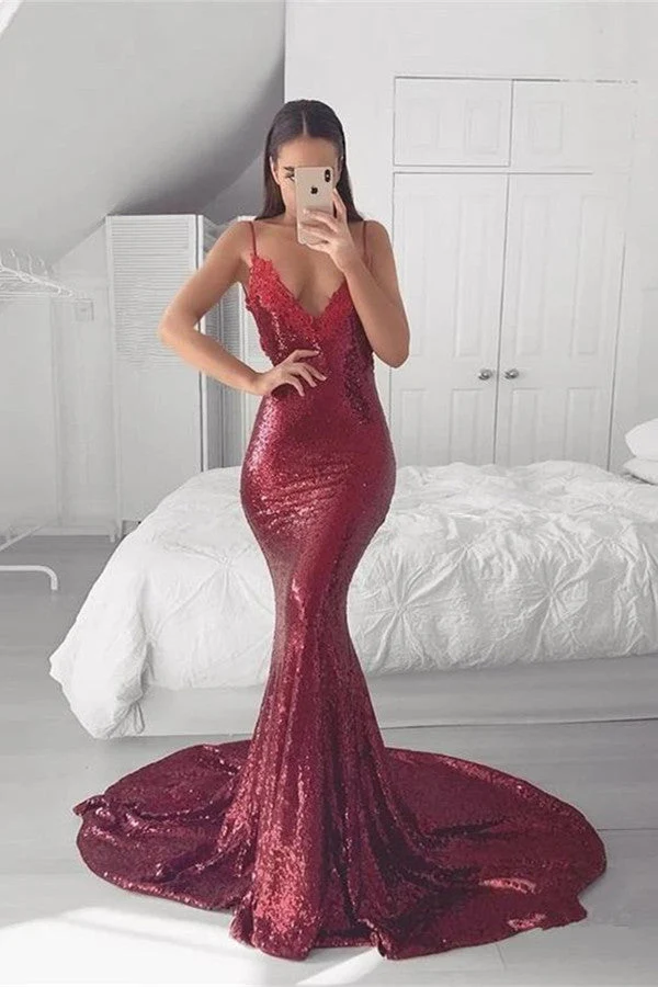 Robe de bal sirène élégante à sequins et bretelles spaghetti - Parfaite pour les occasions spéciales