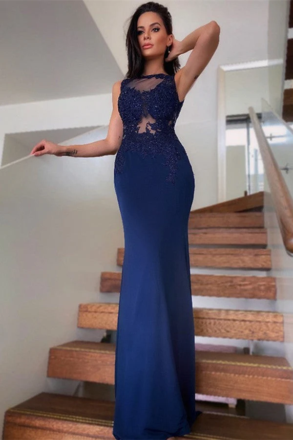 Robe de bal sirène élégante en dentelle bleu marine, parfaite pour les occasions spéciales
