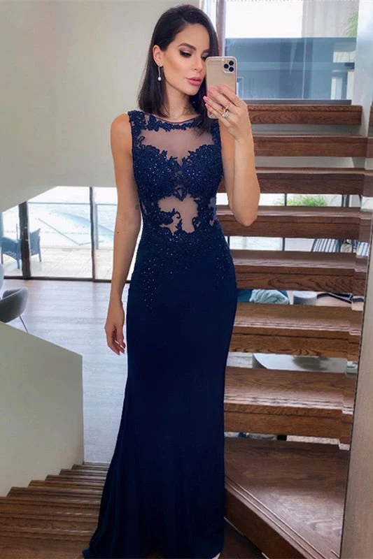 Robe de bal sirène élégante en dentelle bleu marine, parfaite pour les occasions spéciales