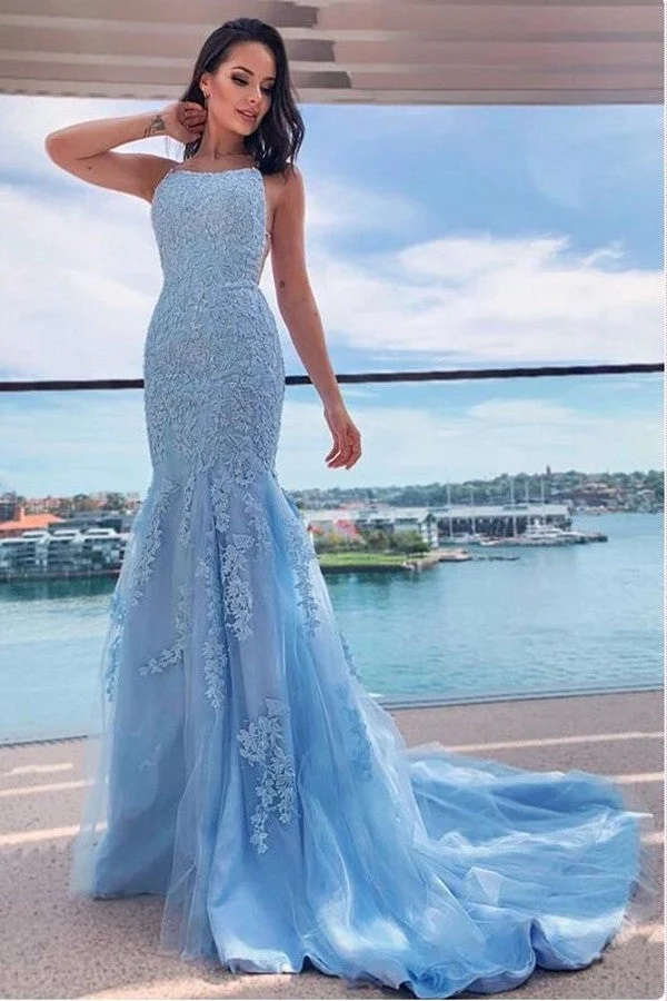 Robe de bal sirène bleu ciel à dos nu – Robe de soirée élégante et longue pour femme