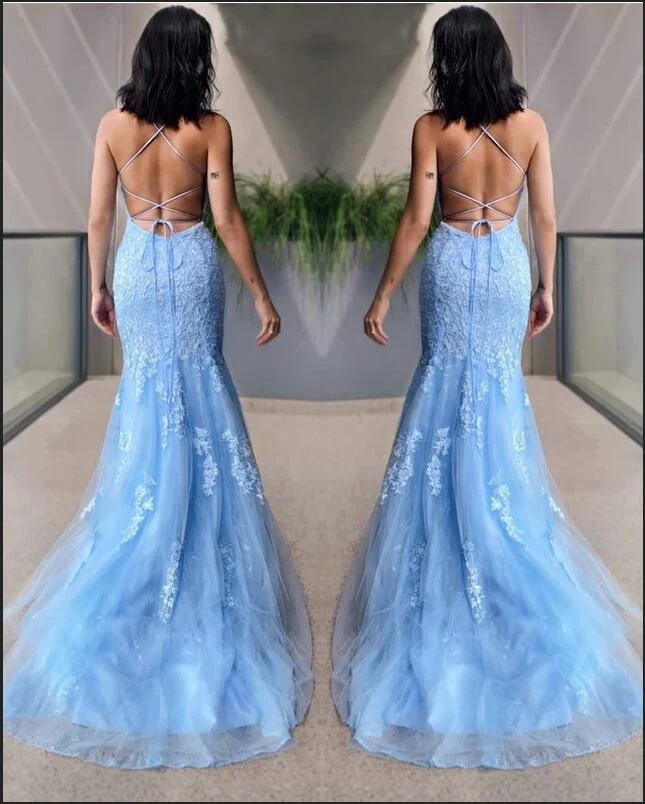 Robe de bal sirène bleu ciel à dos nu – Robe de soirée élégante et longue pour femme