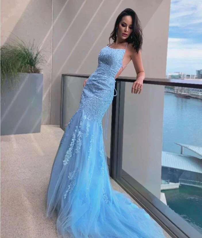 Robe de bal sirène bleu ciel à dos nu – Robe de soirée élégante et longue pour femme