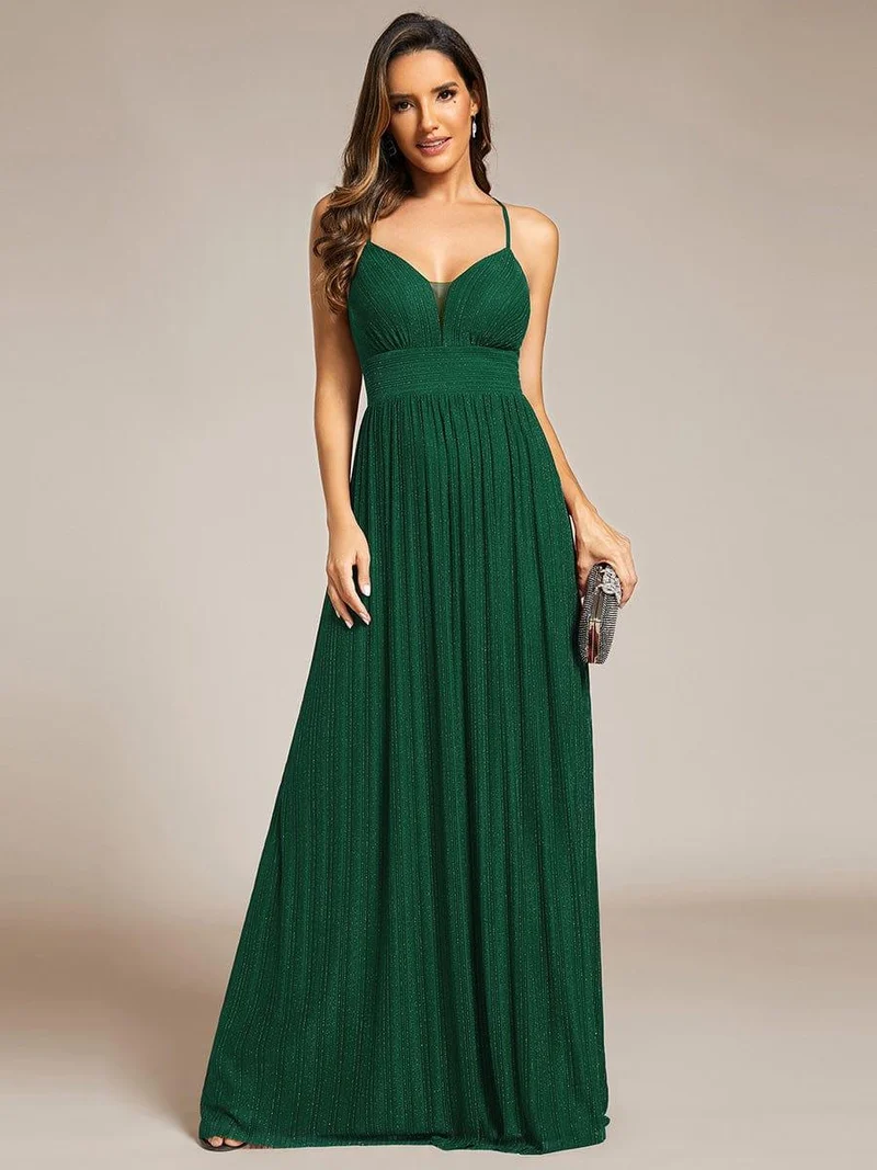 Robe de soirée formelle dos nu à bretelles spaghetti pailletées et col en V
