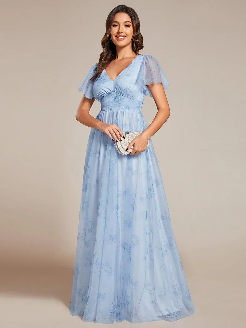 Robe de soirée trapèze en tulle floral col en V manches courtes