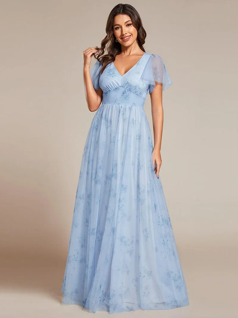 Robe de soirée trapèze en tulle floral col en V manches courtes