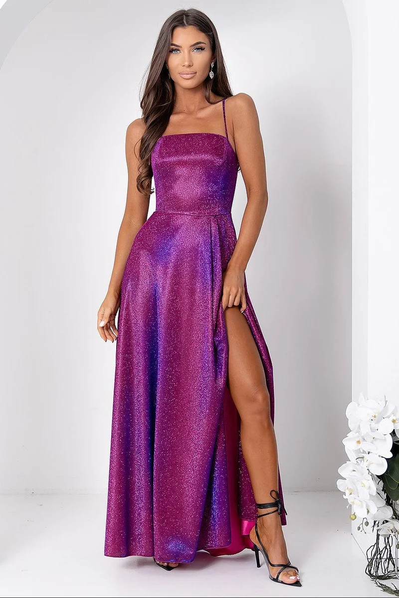 Robe de soirée violette longue fendue pailletée