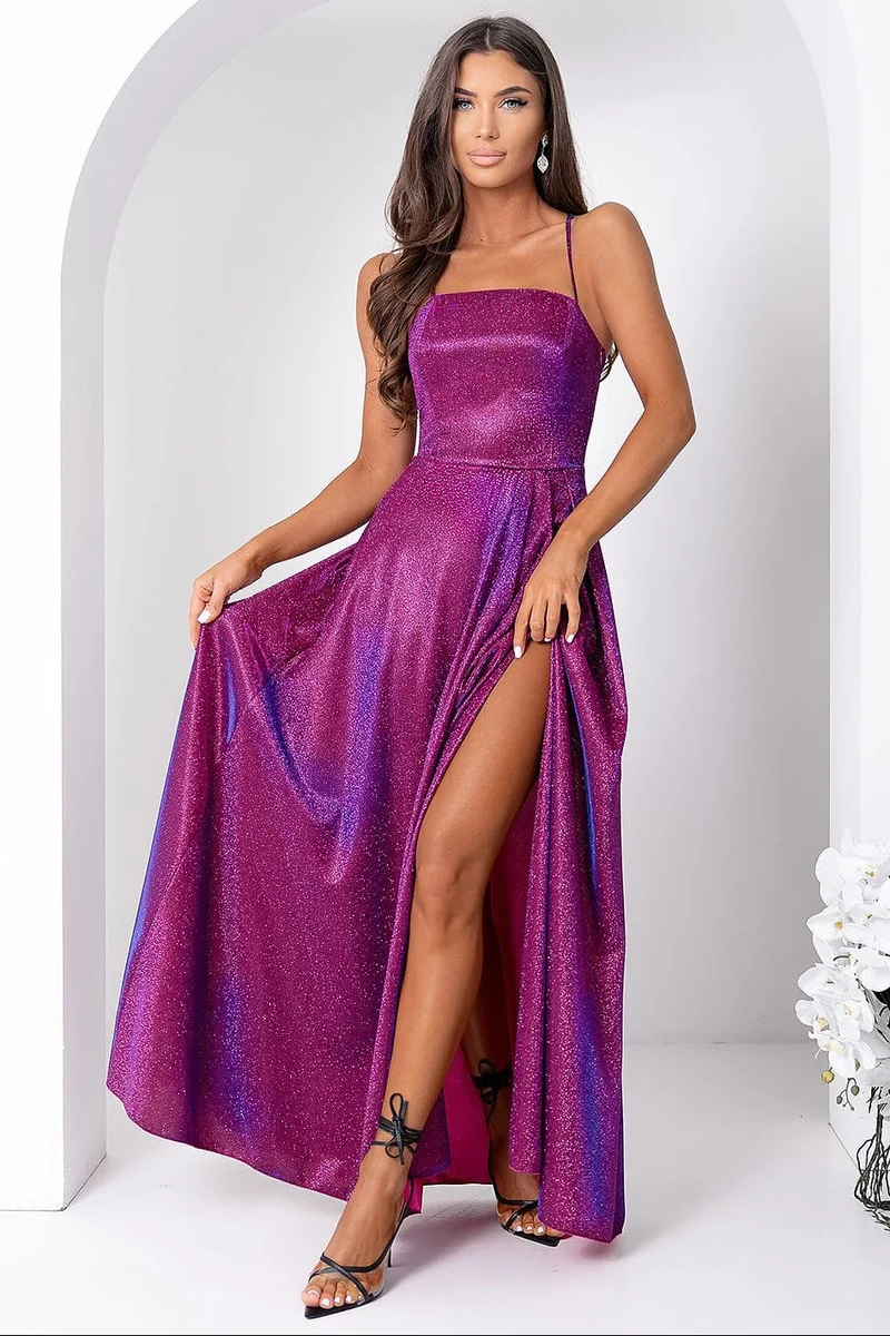 Robe de soirée violette longue fendue pailletée