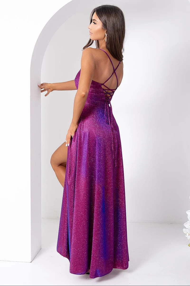 Robe de soirée violette longue fendue pailletée