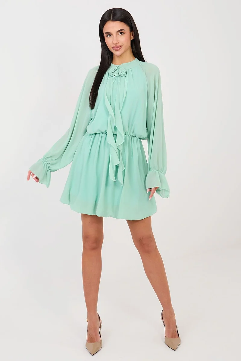 Robe courte fluide vert menthe manches longues