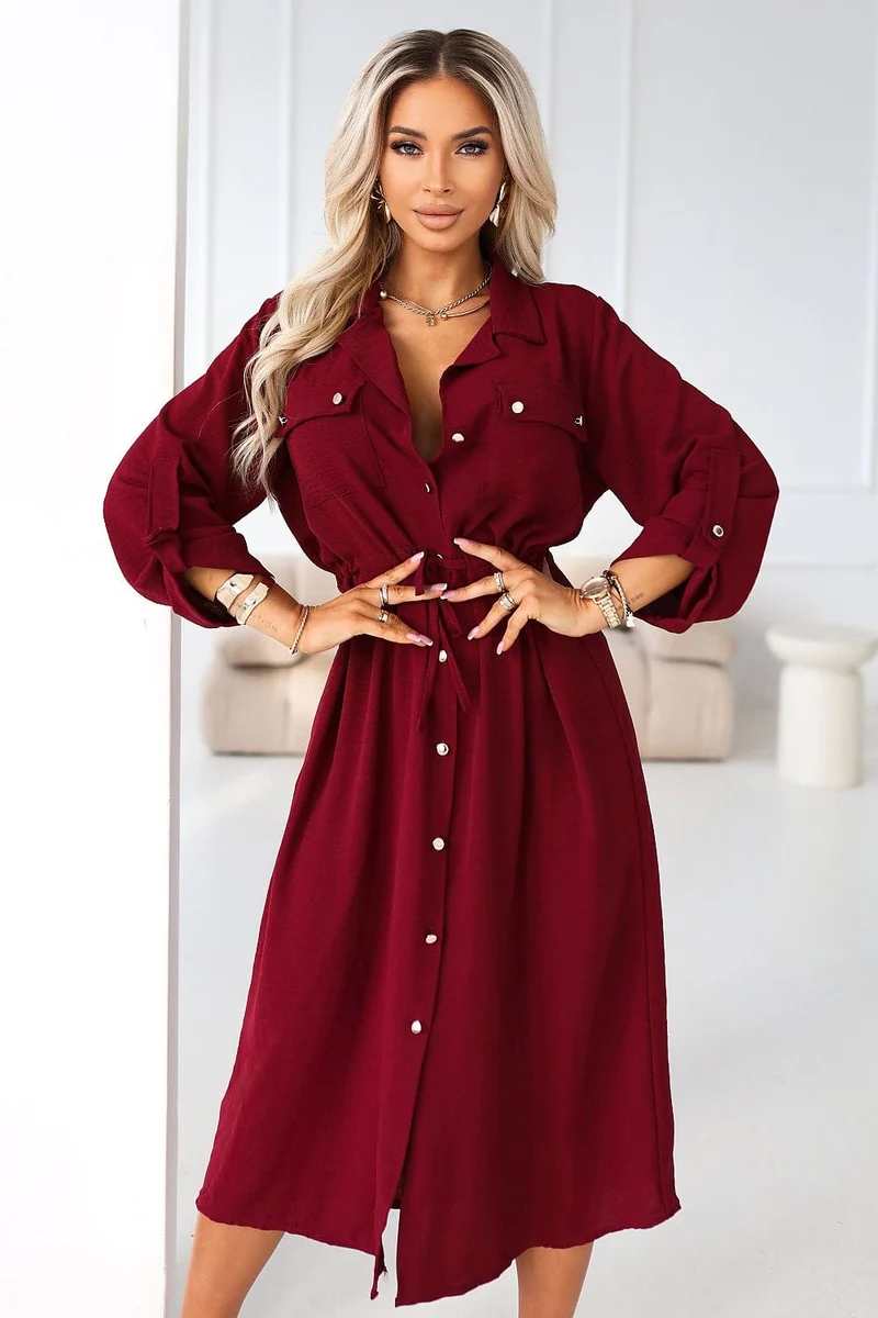 Robe chemise midi bordeaux manches longues