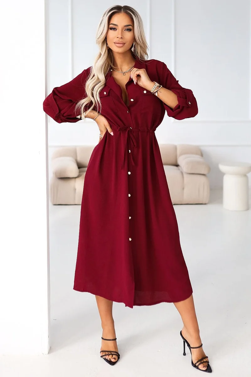 Robe chemise midi bordeaux manches longues