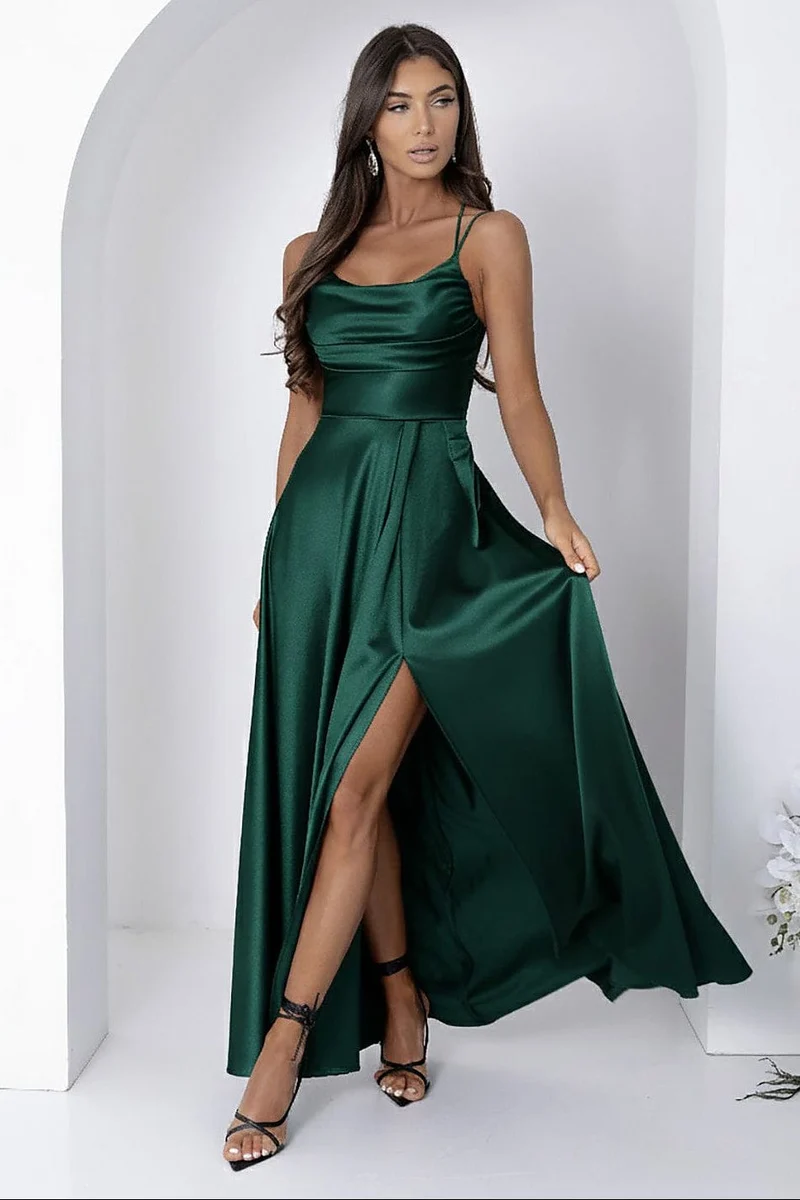Robe de soirée longue verte fendue satinée