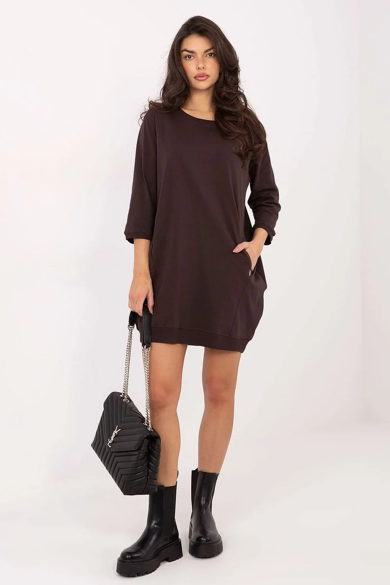 Robe casual en maille marron manches 3/4