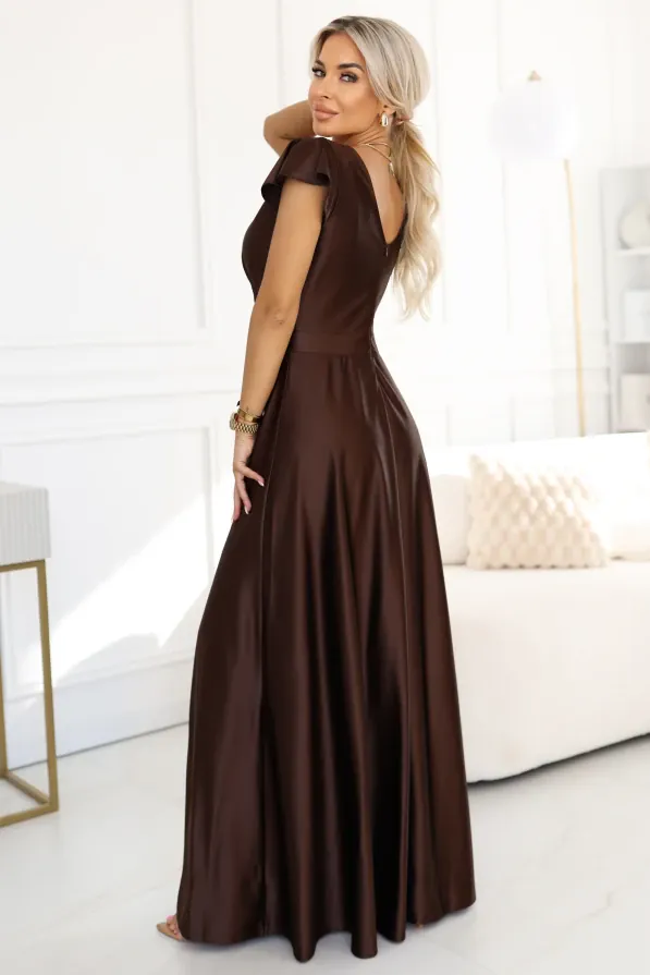 Robe invitée de mariage marron longue satinée