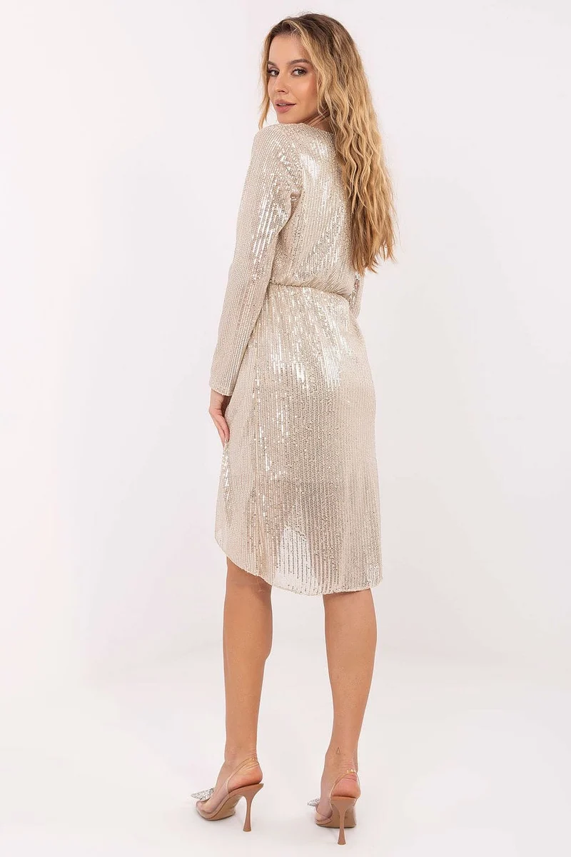 Robe de soirée paillette argentée manches longues