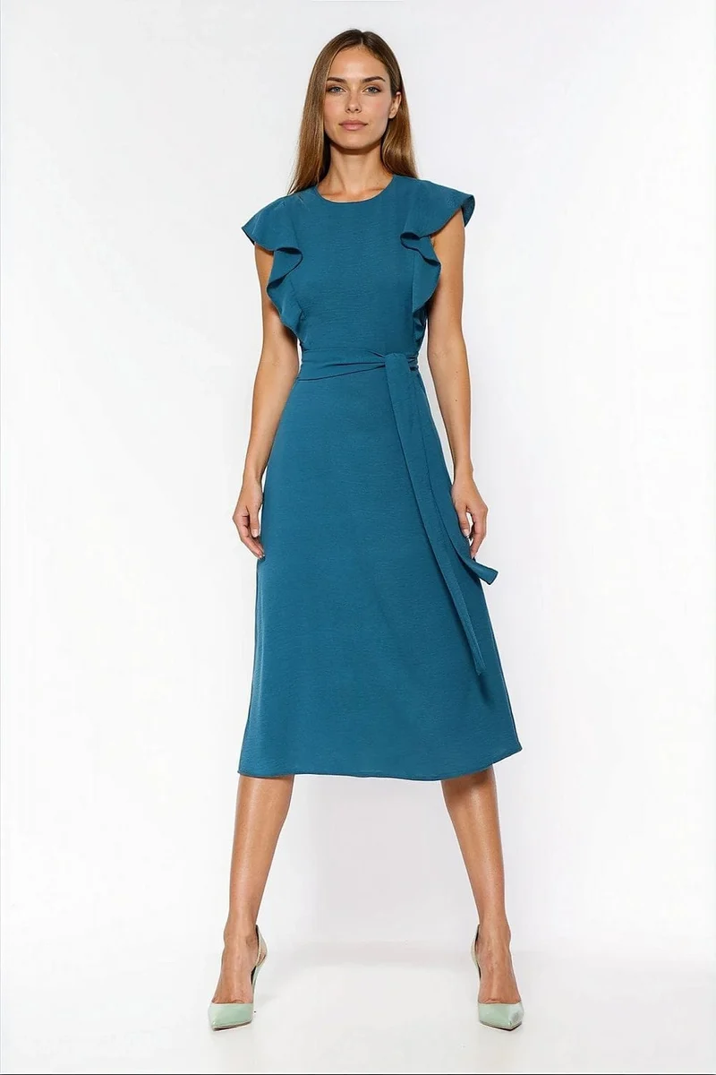 Robe trapèze bleue midi manches volants