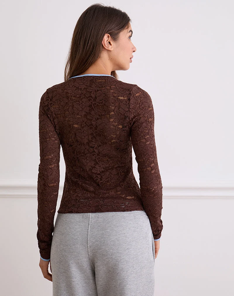 Abon Long Sleeve Top in Lace Brown with Blue Binding (Top à manches longues en dentelle marron avec bordure bleue)