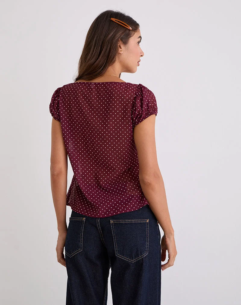Rolina Blouse in Chiffon Mini Polka Burgundy