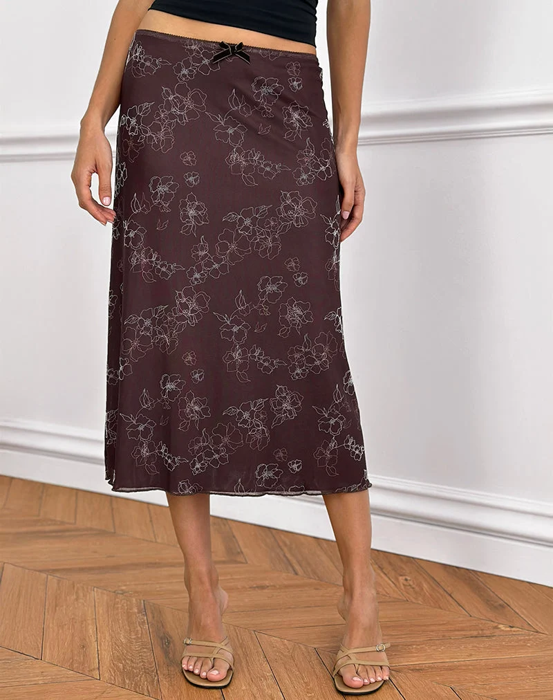 Jupe midi Atira, Doodle Flower Flock Brown