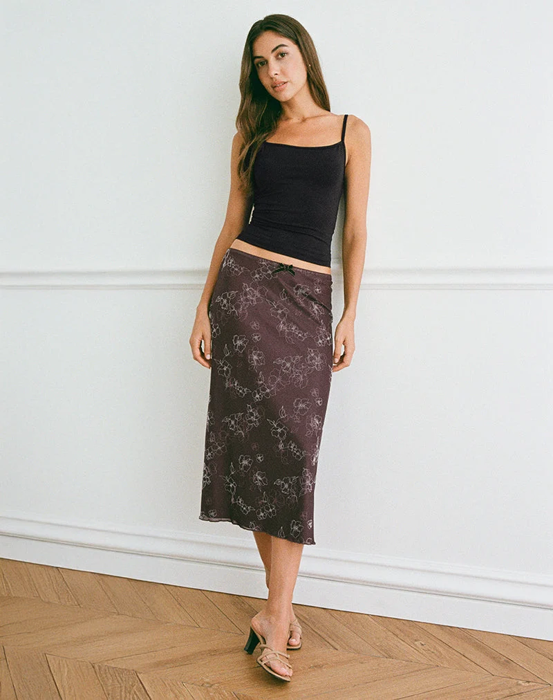 Jupe midi Atira, Doodle Flower Flock Brown