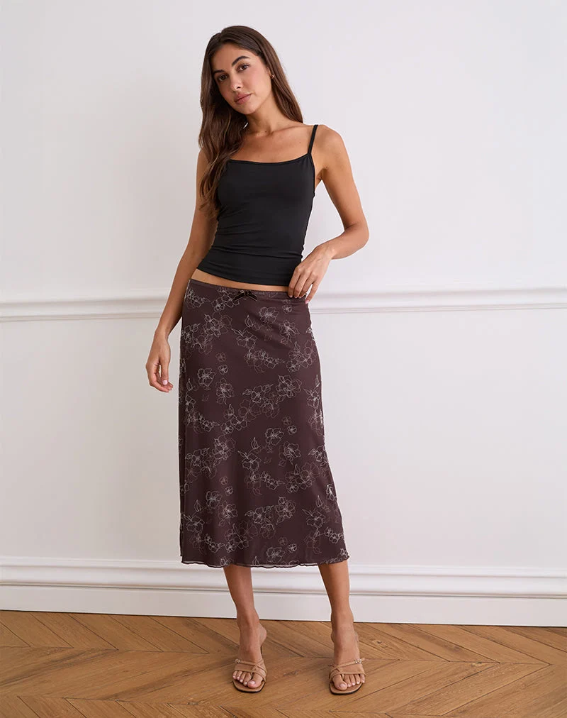 Jupe midi Atira, Doodle Flower Flock Brown