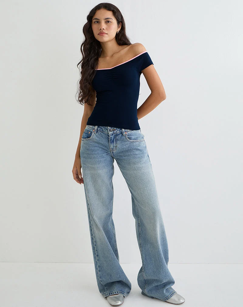 Top asymétrique Mayomi en bleu marine avec bordures roses