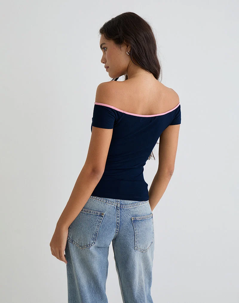 Top asymétrique Mayomi en bleu marine avec bordures roses