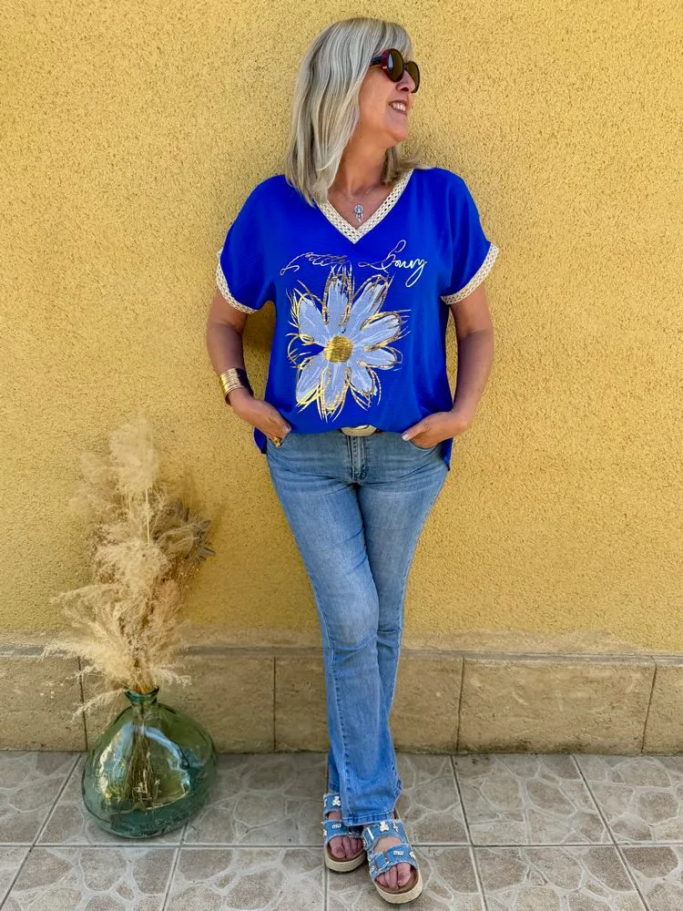 Teeshirt Flower bleu roi