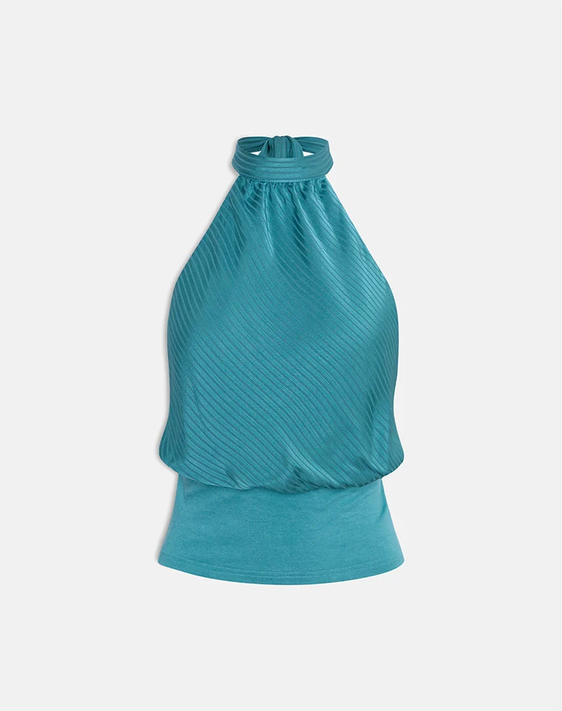 Rania Top dos nu en satin rayé Teal