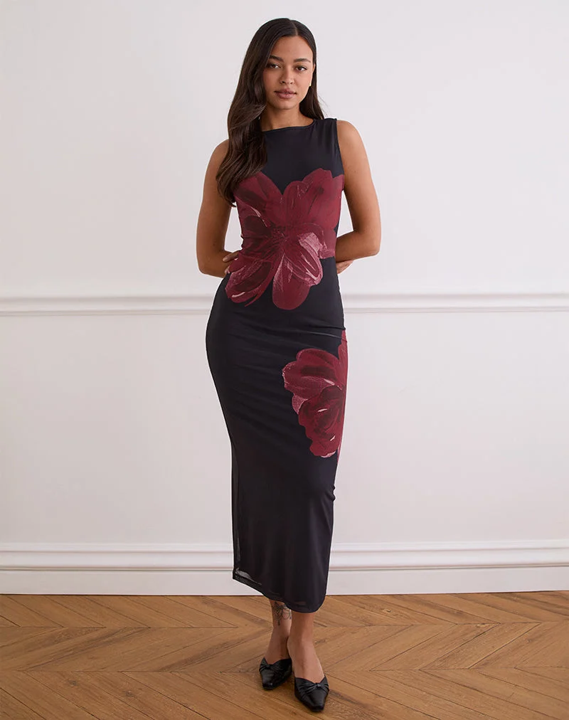 Robe longue Fayola en noir avec fleur aquarelle en bourgogne