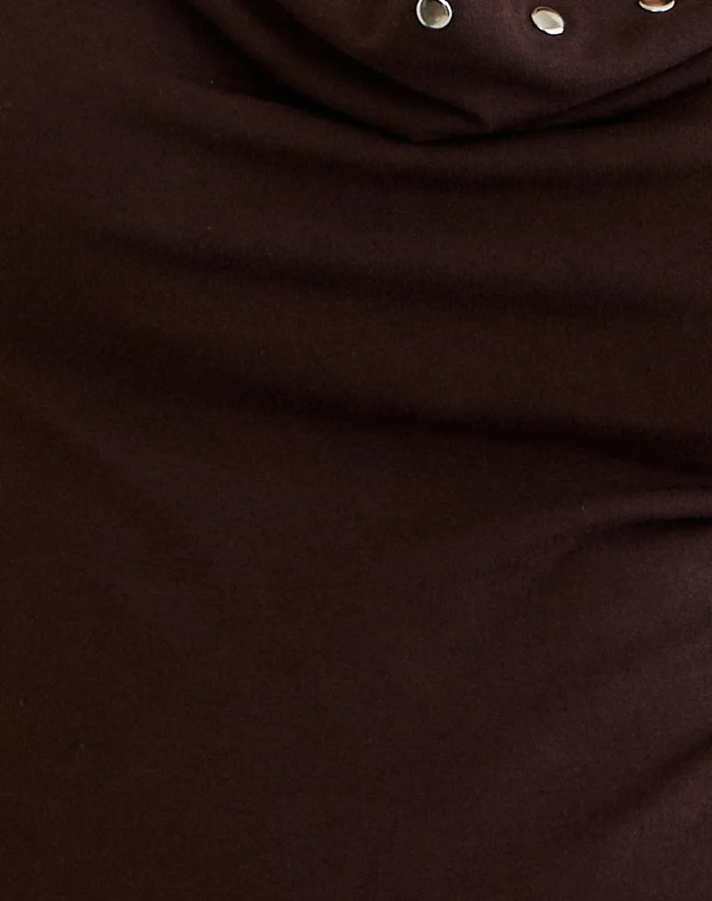 Scanio Long Sleeve Cowl Top with Studs in Bitter Chocolate (Haut de forme à manches longues et clous en chocolat amer)