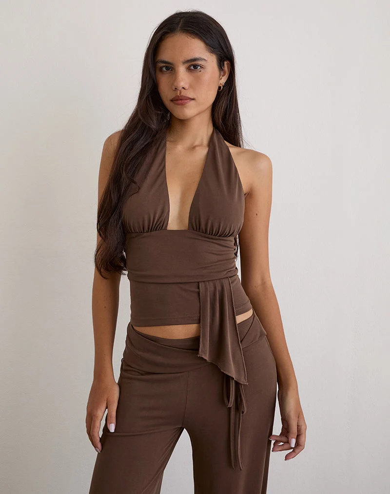 Prilla Halterneck Top in Cupro Dark Brown