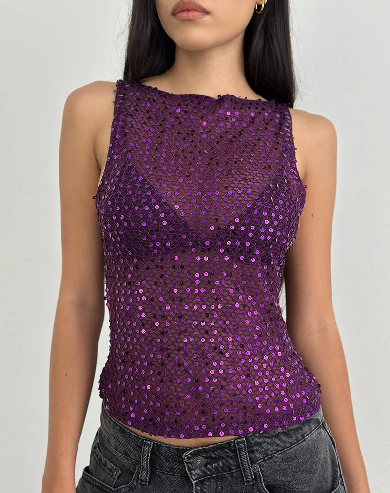 Dudley - Top gilet en maille pailletée - Prune - Vin