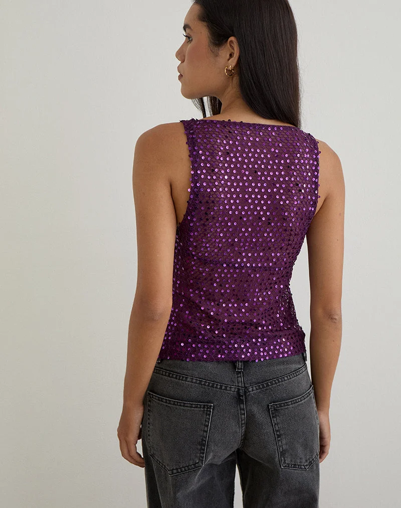 Dudley - Top gilet en maille pailletée - Prune - Vin