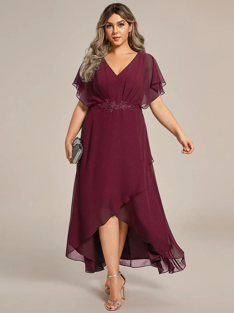pretty LILAS|Robe De Soirée En Mousseline De Soie Col En V Manches Chauve-Souris Taille Trapèze Grande Taille