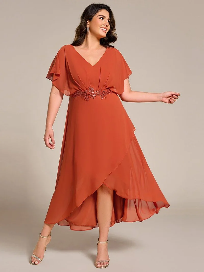 pretty LILAS|Robe De Soirée En Mousseline De Soie Col En V Manches Chauve-Souris Taille Trapèze Grande Taille