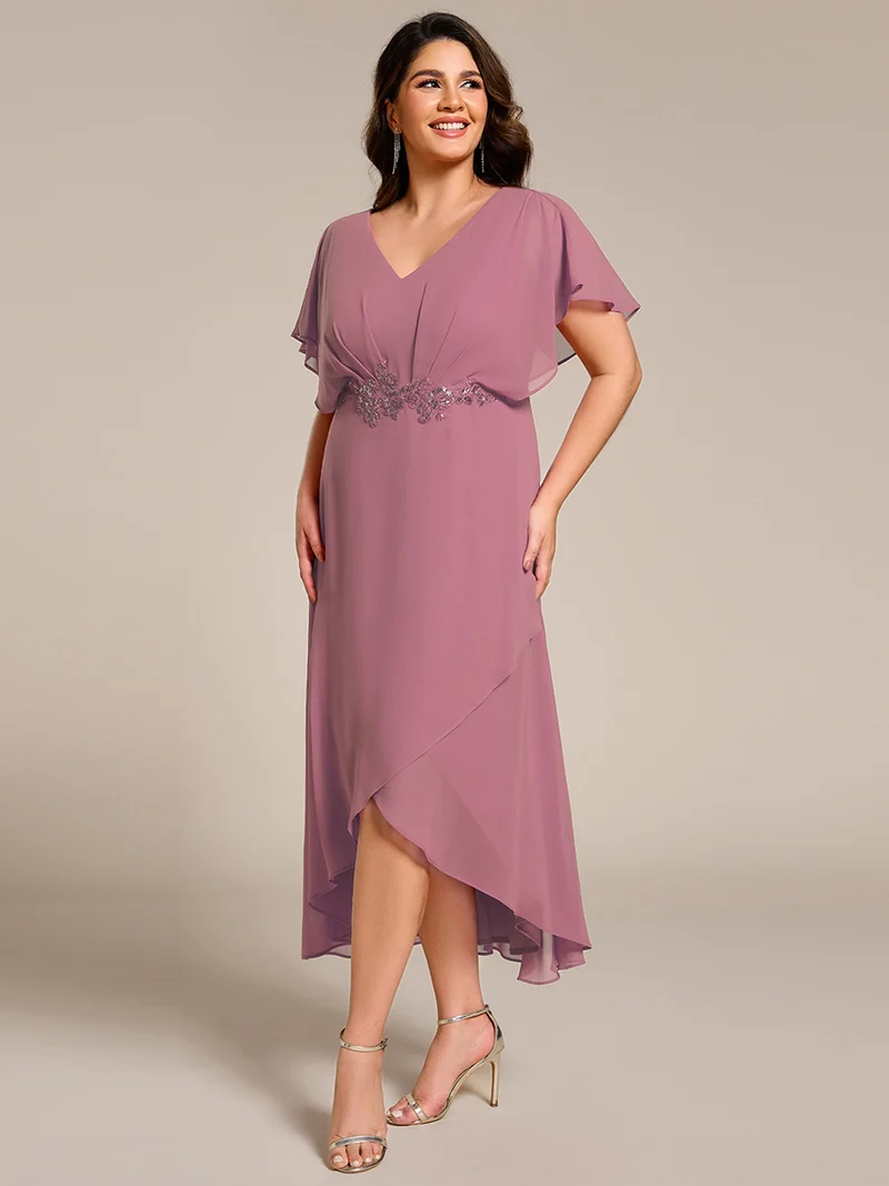 pretty LILAS|Robe De Soirée En Mousseline De Soie Col En V Manches Chauve-Souris Taille Trapèze Grande Taille