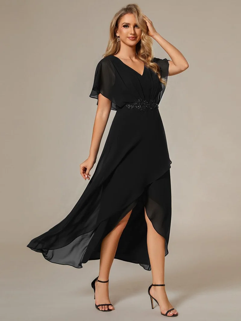 ever LILAS|Robe Formelle élégante à Manches Courtes Et Taille Trapèze Avec Ourlet En Feuille De Lotus
