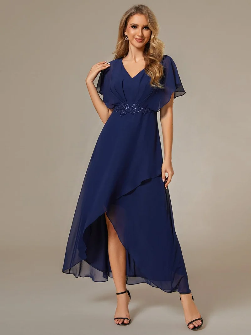 ever LILAS|Robe Formelle élégante à Manches Courtes Et Taille Trapèze Avec Ourlet En Feuille De Lotus