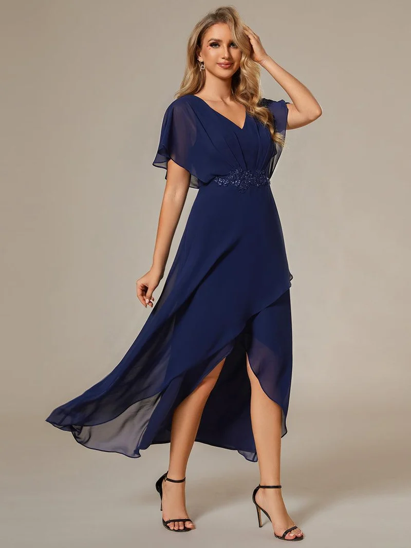 ever LILAS|Robe Formelle élégante à Manches Courtes Et Taille Trapèze Avec Ourlet En Feuille De Lotus
