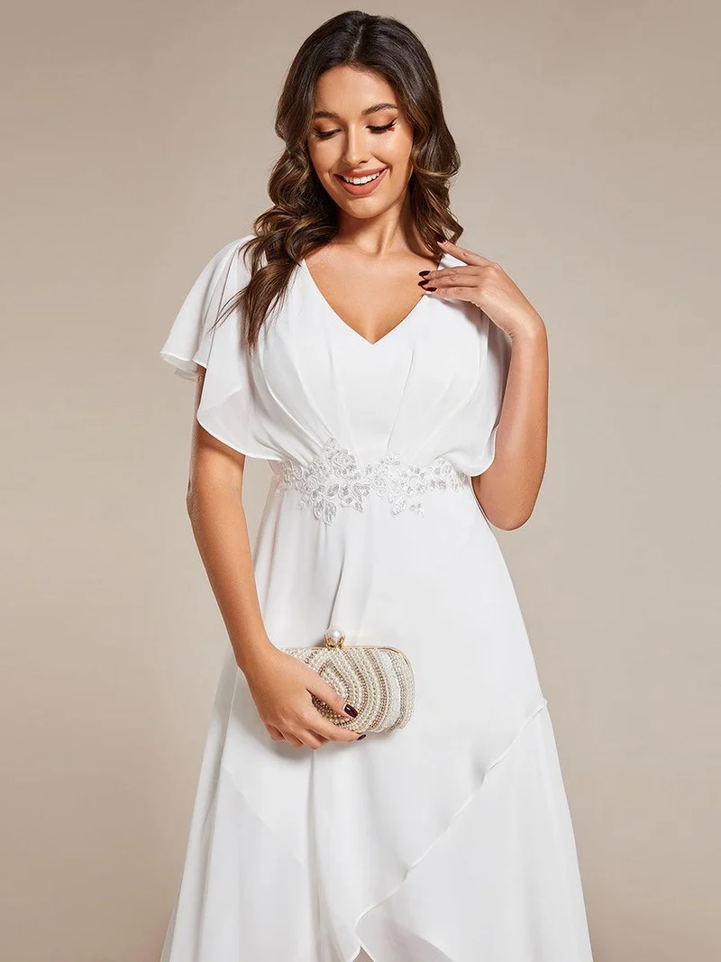 ever LILAS|Robe Formelle élégante à Manches Courtes Et Taille Trapèze Avec Ourlet En Feuille De Lotus