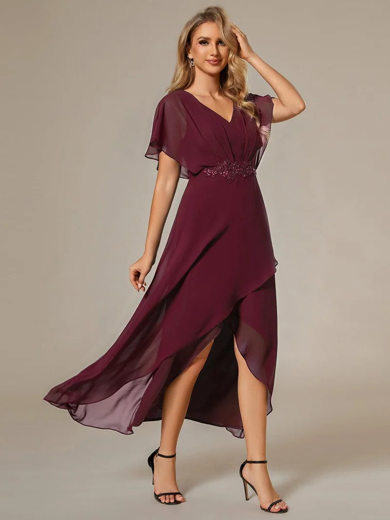 ever LILAS|Robe Formelle élégante à Manches Courtes Et Taille Trapèze Avec Ourlet En Feuille De Lotus