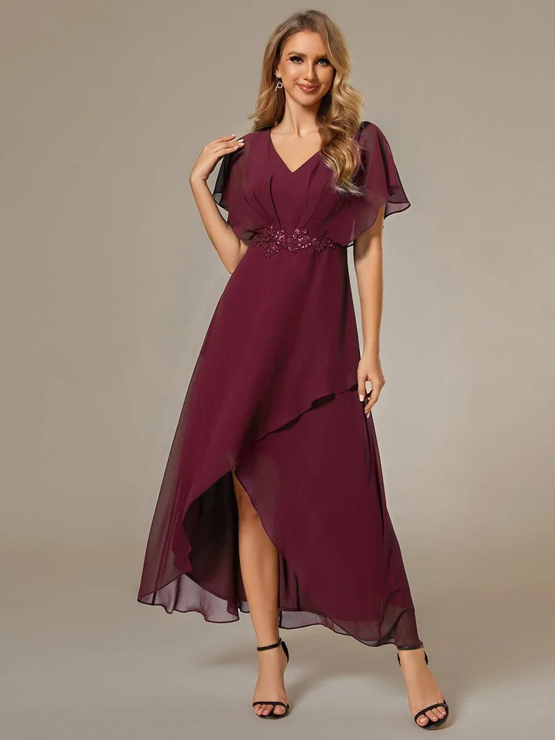 ever LILAS|Robe Formelle élégante à Manches Courtes Et Taille Trapèze Avec Ourlet En Feuille De Lotus
