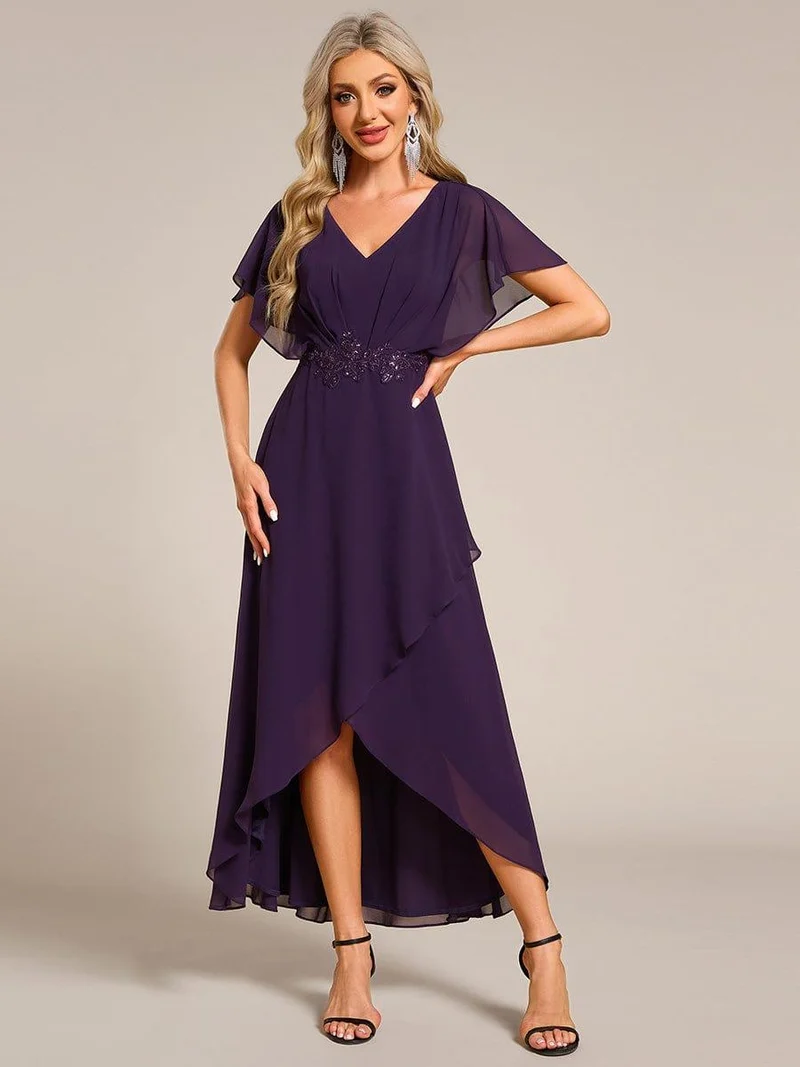 ever LILAS|Robe Formelle élégante à Manches Courtes Et Taille Trapèze Avec Ourlet En Feuille De Lotus