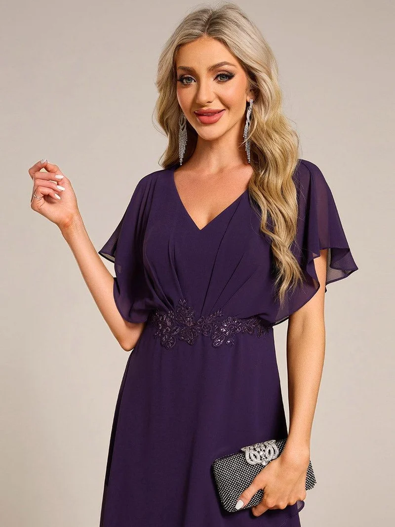 ever LILAS|Robe Formelle élégante à Manches Courtes Et Taille Trapèze Avec Ourlet En Feuille De Lotus