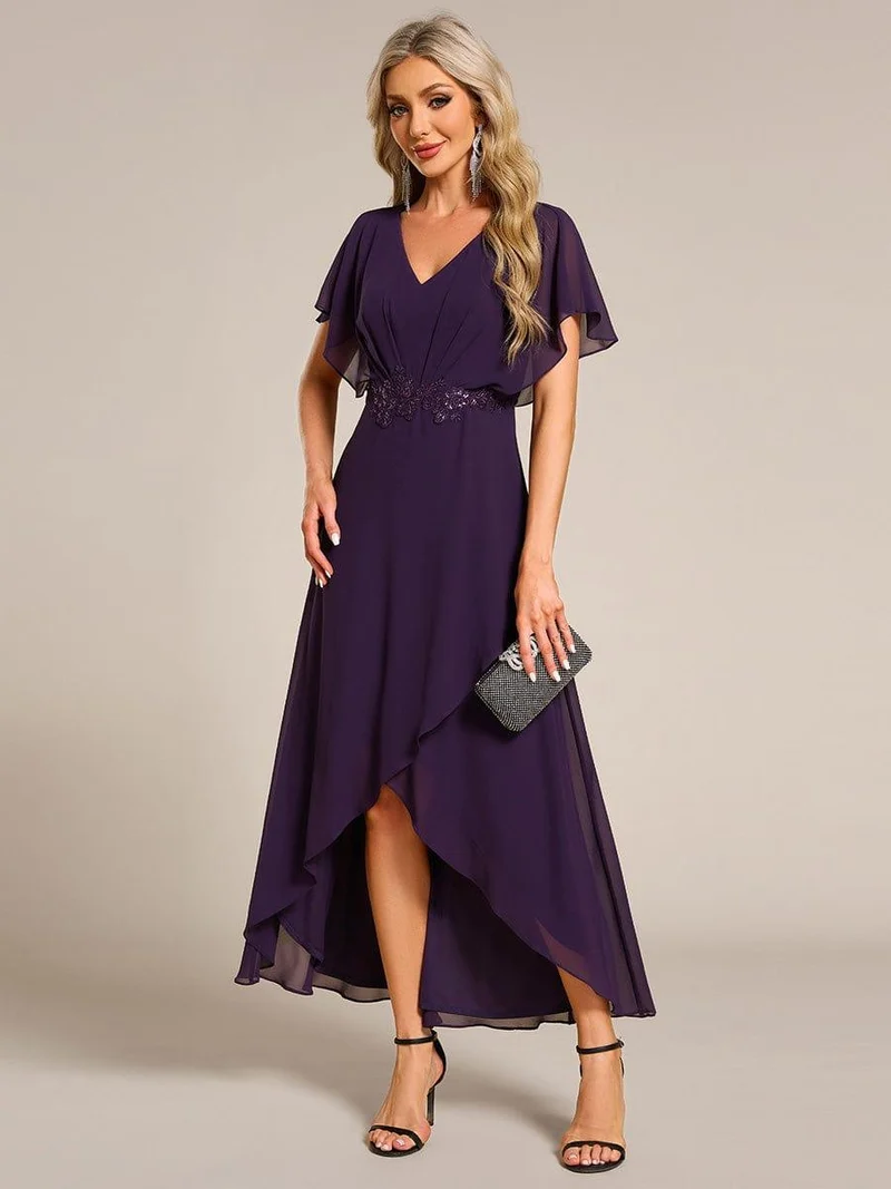 ever LILAS|Robe Formelle élégante à Manches Courtes Et Taille Trapèze Avec Ourlet En Feuille De Lotus
