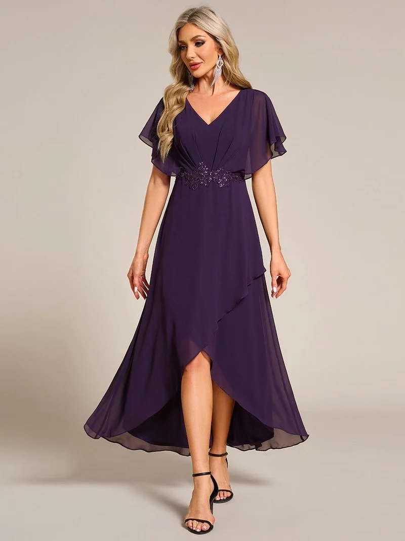 ever LILAS|Robe Formelle élégante à Manches Courtes Et Taille Trapèze Avec Ourlet En Feuille De Lotus